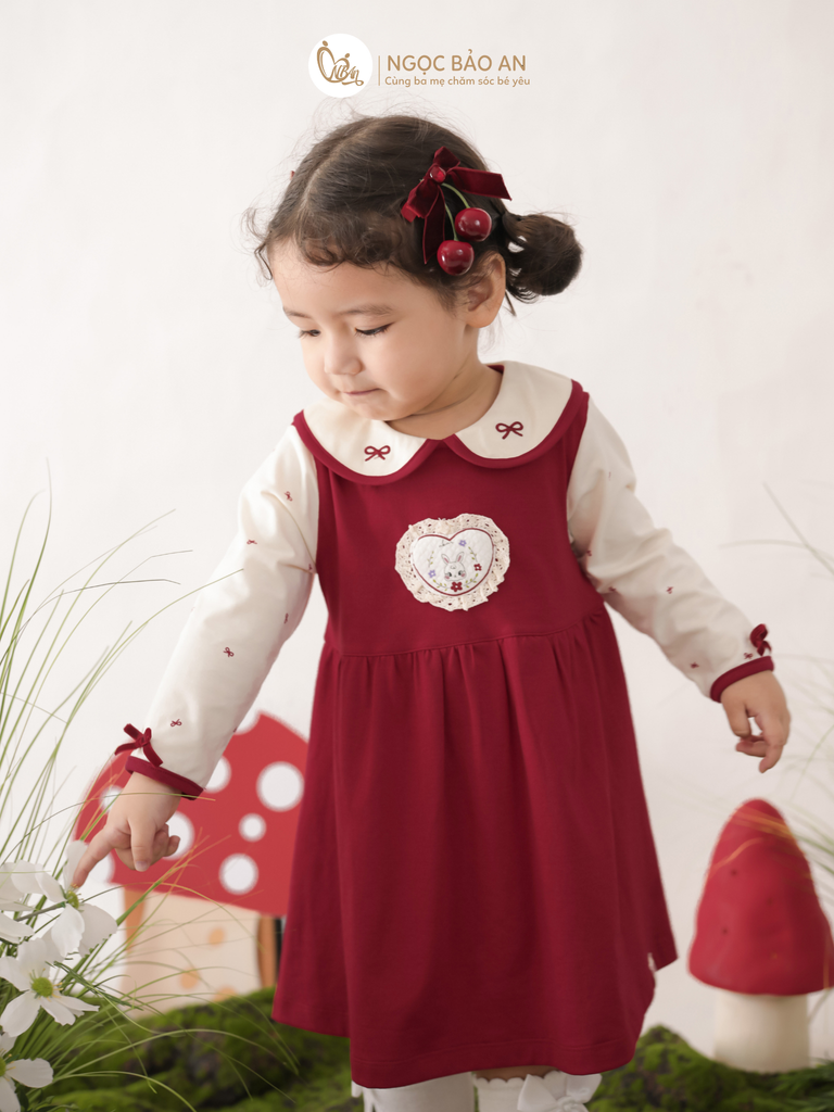 [M&B] BST THỎ MƠ: Đầm tiểu thư tay dài phối nơ cotton M&b cho bé gái (Heart Bunny)