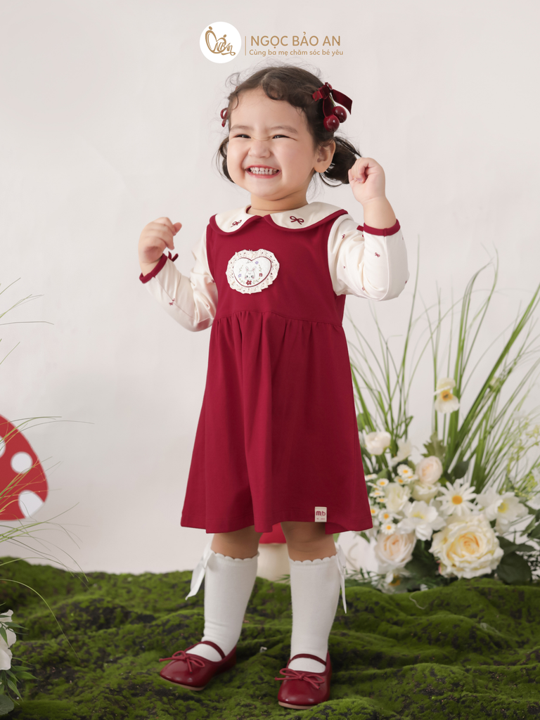 [M&B] BST THỎ MƠ: Đầm tiểu thư tay dài phối nơ cotton M&b cho bé gái (Heart Bunny)