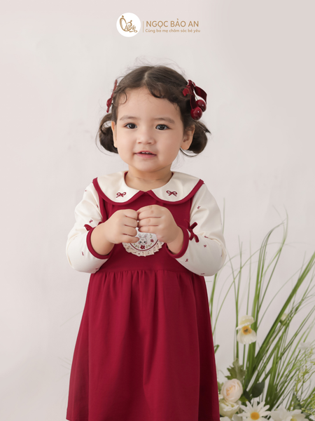 [M&B] BST THỎ MƠ: Đầm tiểu thư tay dài phối nơ cotton M&b cho bé gái (Heart Bunny)