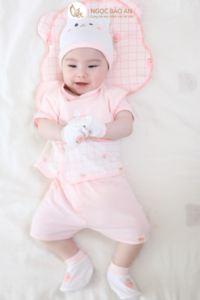 [M&B] Bộ ngắn cài bên cotton caro hồng đào