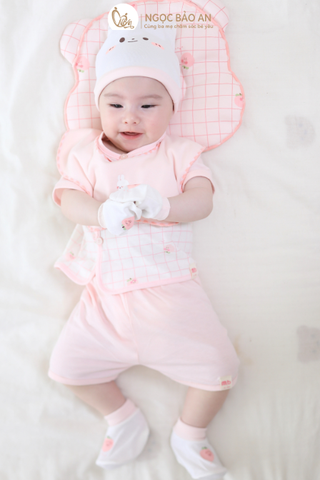 [M&B] Bộ ngắn cài bên cotton caro hồng đào