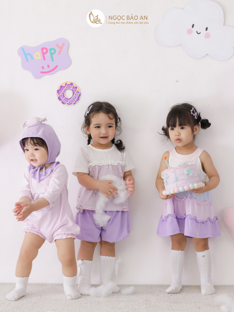 [M&B] BST CANDY: Set bodysuit tay lửng kèm nón cột dây đính kẹo cotton M&b cho bé (Kẹo Cute)