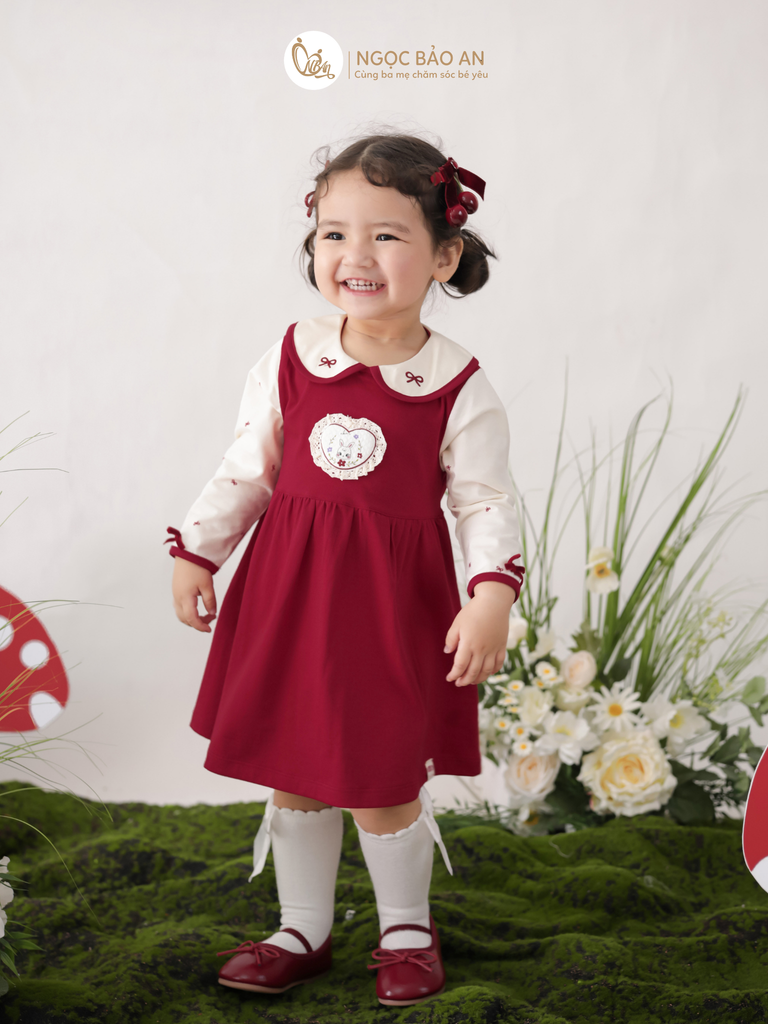 [M&B] BST THỎ MƠ: Đầm tiểu thư tay dài phối nơ cotton M&b cho bé gái (Heart Bunny)
