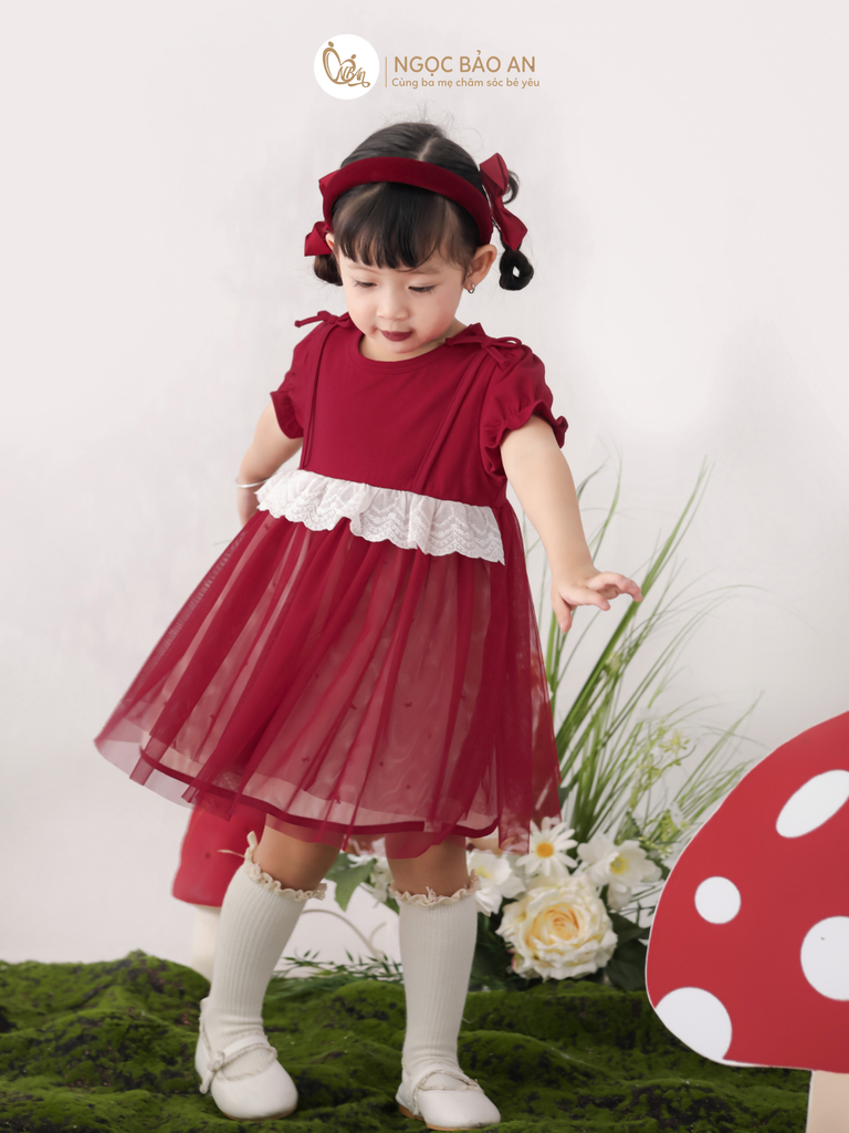 [M&B] BST THỎ MƠ: Đầm xòe công chúa tay ngắn phối ren cotton M&b cho bé gái