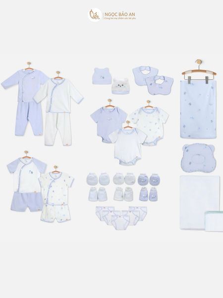 [M&B] Combo Sơ Sinh cotton M&B tone Xanh in hình họa tiết đầy đủ phụ kiện cho bé (Combo Sơ Sinh cotton 2025)