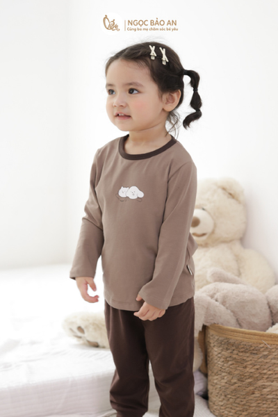 [HONEY] Bộ tay dài cotton nâu nhạt co giãn 4 chiều cho bé (1-3 tuổi)