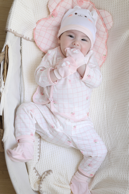 [M&B] Bộ tay dài cài bên cotton caro hồng đào