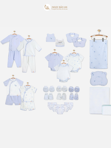 [M&B] Combo Sơ Sinh cotton M&B 5 tone màu in hình họa tiết đầy đủ phụ kiện cho bé (Combo Sơ Sinh cotton 2025)