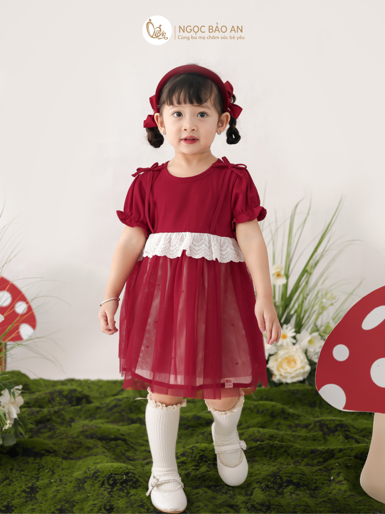 [M&B] BST THỎ MƠ: Đầm xòe công chúa tay ngắn phối ren cotton M&b cho bé gái