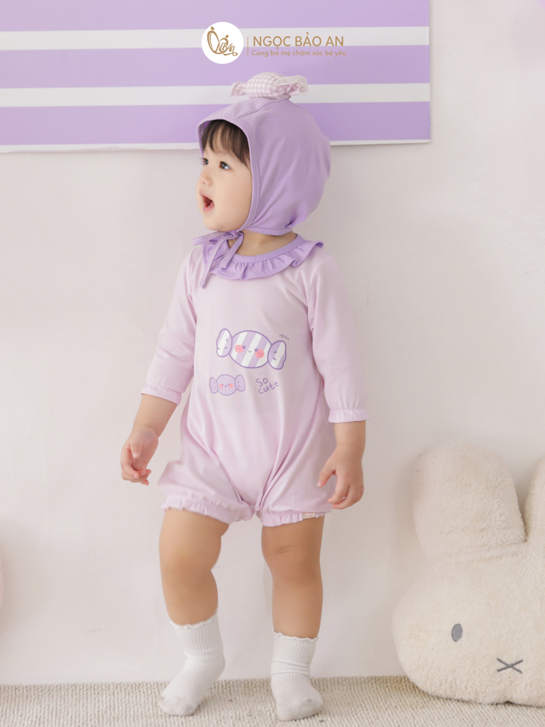 [M&B] BST CANDY: Set bodysuit tay lửng kèm nón cột dây đính kẹo cotton M&b cho bé (Kẹo Cute)
