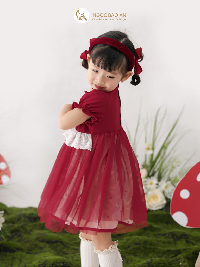 [M&B] BST THỎ MƠ: Đầm xòe công chúa tay ngắn phối ren cotton M&b cho bé gái