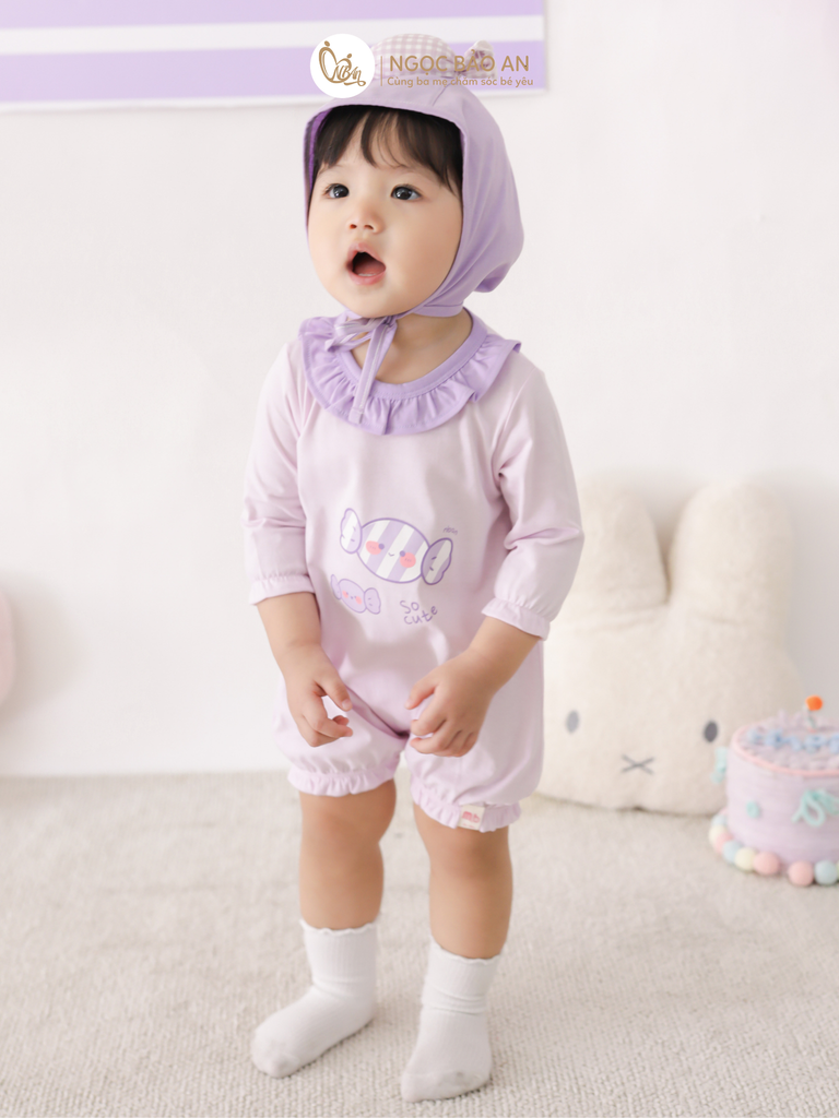 [M&B] BST CANDY: Set bodysuit tay lửng kèm nón cột dây đính kẹo cotton M&b cho bé (Kẹo Cute)