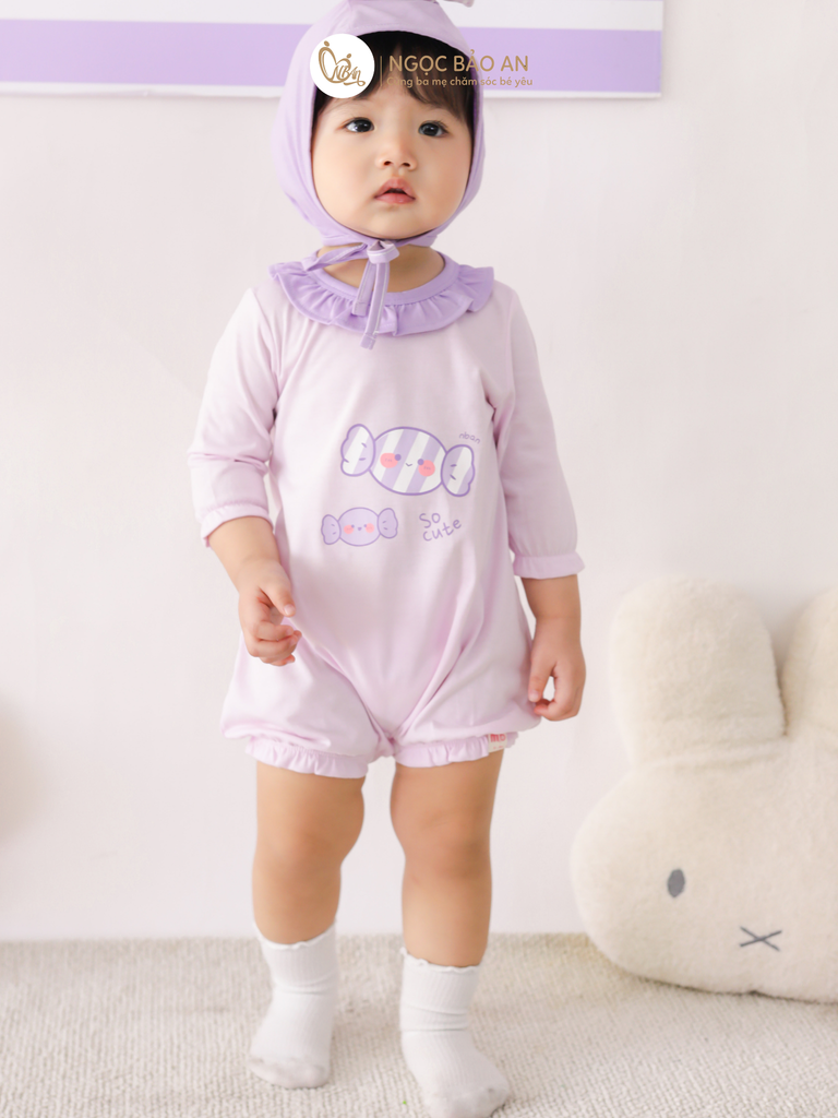 [M&B] BST CANDY: Set bodysuit tay lửng kèm nón cột dây đính kẹo cotton M&b cho bé (Kẹo Cute)