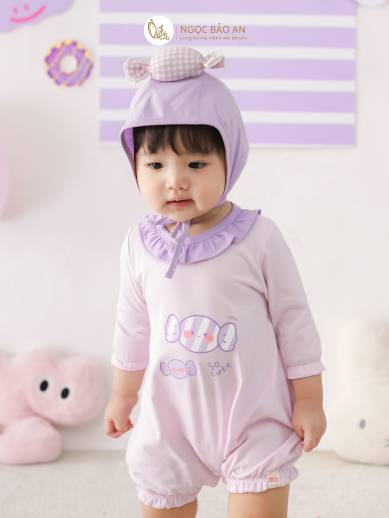 [M&B] BST CANDY: Set bodysuit tay lửng kèm nón cột dây đính kẹo cotton M&b cho bé (Kẹo Cute)