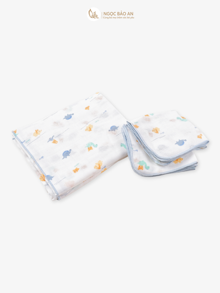 [M&B] Combo 5 khăn gạc xô 4 lớp in hình khủng long xanh sweetie