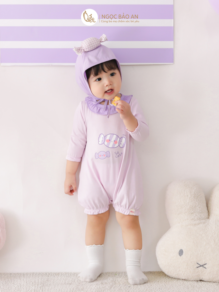 [M&B] BST CANDY: Set bodysuit tay lửng kèm nón cột dây đính kẹo cotton M&b cho bé (Kẹo Cute)
