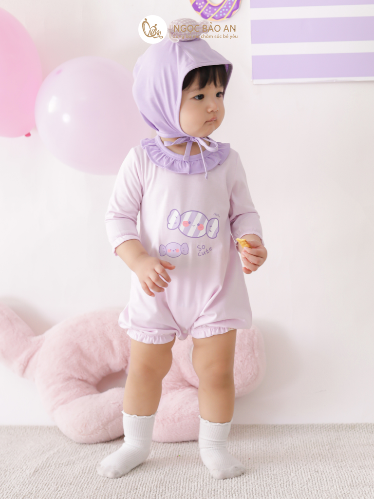 [M&B] BST CANDY: Set bodysuit tay lửng kèm nón cột dây đính kẹo cotton M&b cho bé (Kẹo Cute)