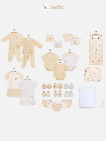 [M&B] Combo Sơ Sinh cotton M&B tone Vàng in hình họa tiết đầy đủ phụ kiện cho bé (Combo Sơ Sinh cotton 2025)