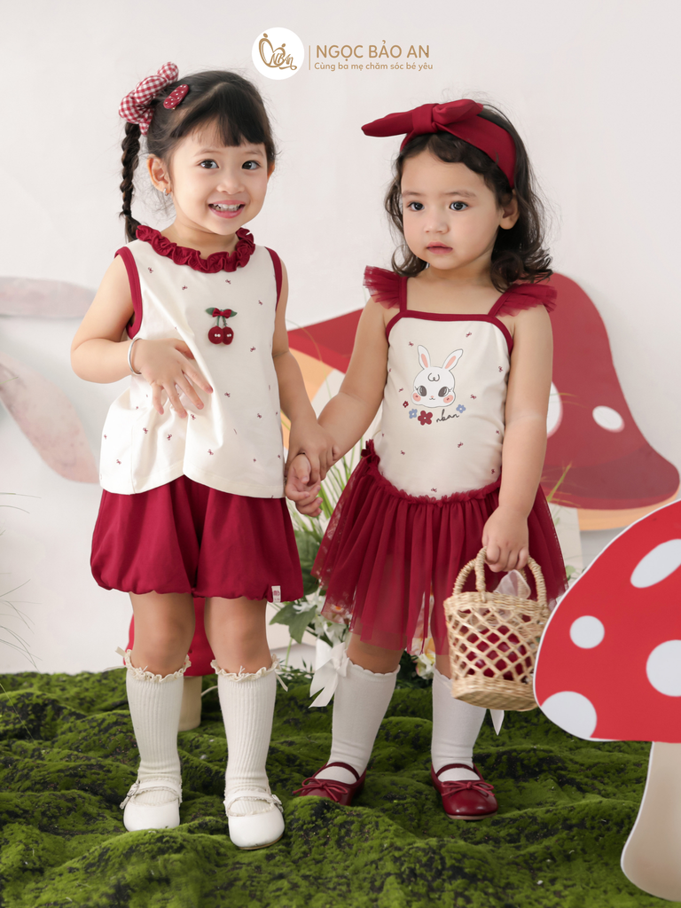 [M&B] BST THỎ MƠ: Set áo sát nách quần ngắn bí cotton M&b cho bé gái (Cherry)