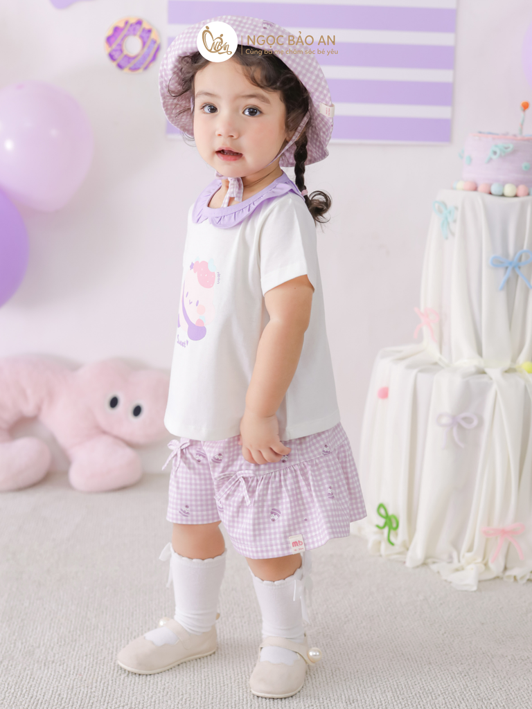[M&B] BST CANDY: Bộ áo tay ngắn quần giả váy cotton M&b cho bé (Kẹo Dâu)