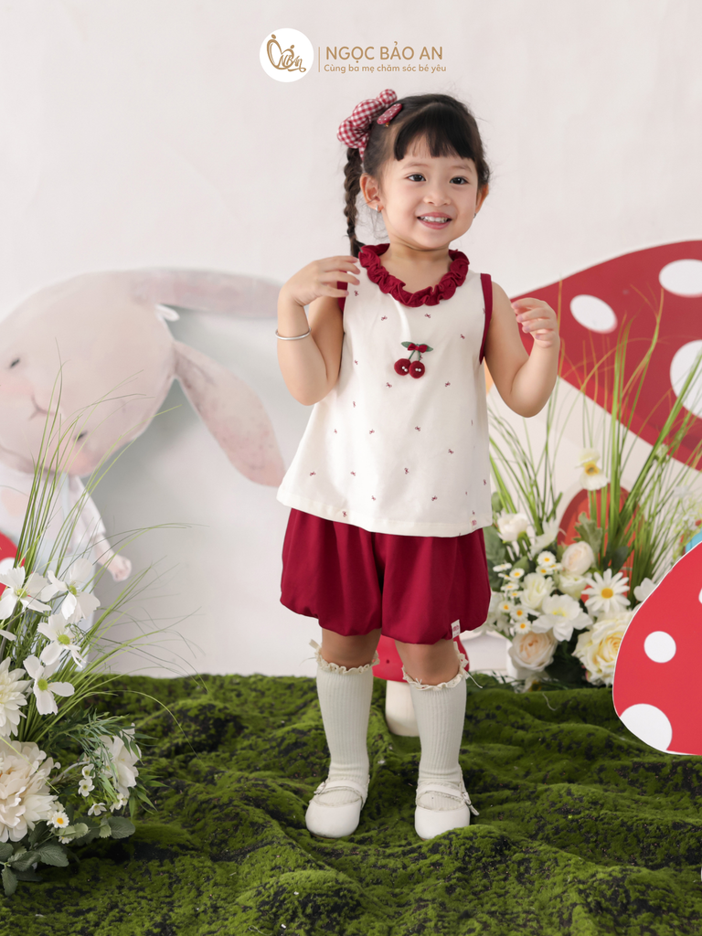 [M&B] BST THỎ MƠ: Set áo sát nách quần ngắn bí cotton M&b cho bé gái (Cherry)