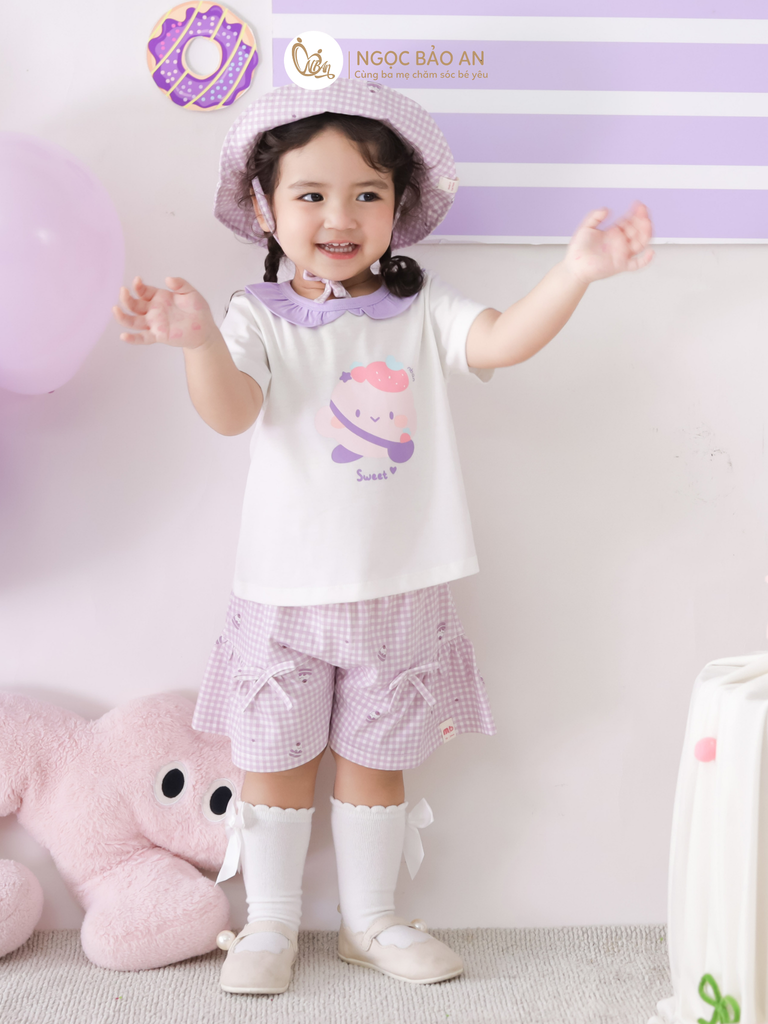[M&B] BST CANDY: Set áo tay ngắn + Quần giả váy kèm nón bèo cotton M&b cho bé (Kẹo Dâu)