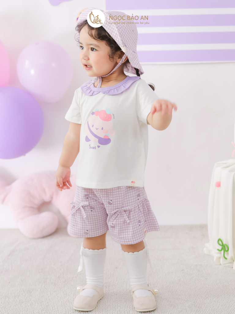 [M&B] BST CANDY: Set áo tay ngắn + Quần giả váy kèm nón bèo cotton M&b cho bé (Kẹo Dâu)