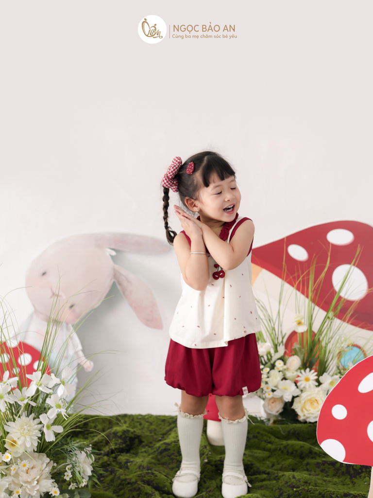 [M&B] BST THỎ MƠ: Set áo sát nách quần ngắn bí cotton M&b cho bé gái (Cherry)