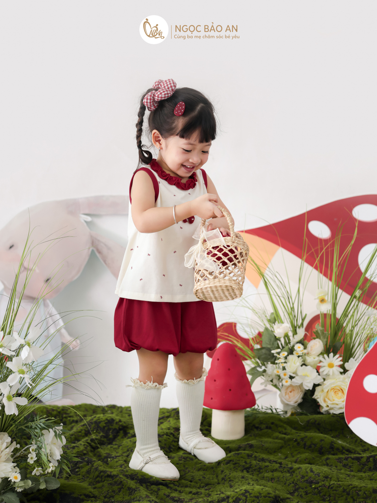 [M&B] BST THỎ MƠ: Set áo sát nách quần ngắn bí cotton M&b cho bé gái (Cherry)