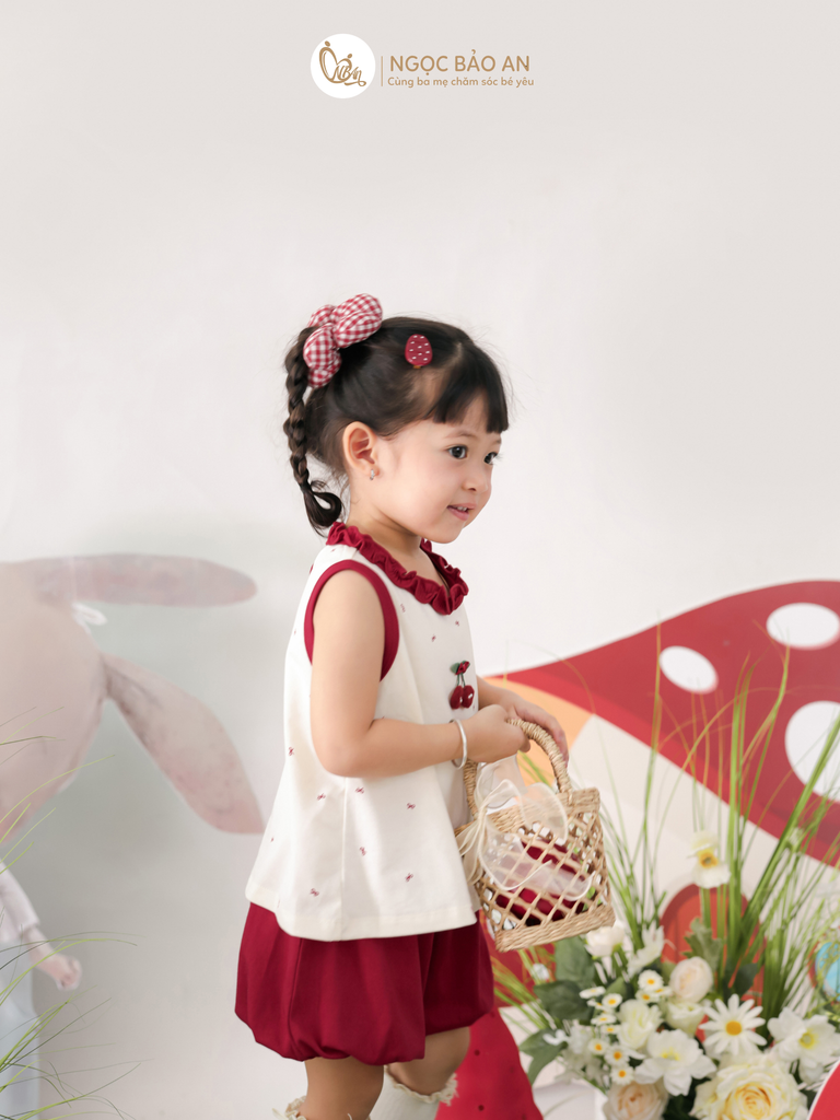 [M&B] BST THỎ MƠ: Set áo sát nách quần ngắn bí cotton M&b cho bé gái (Cherry)