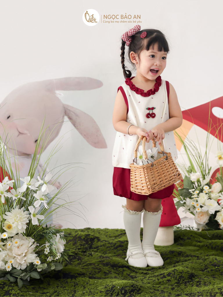 [M&B] BST THỎ MƠ: Set áo sát nách quần ngắn bí cotton M&b cho bé gái (Cherry)