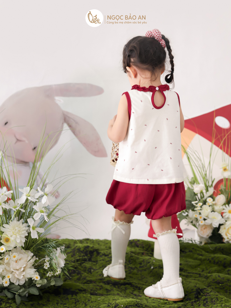 [M&B] BST THỎ MƠ: Set áo sát nách quần ngắn bí cotton M&b cho bé gái (Cherry)