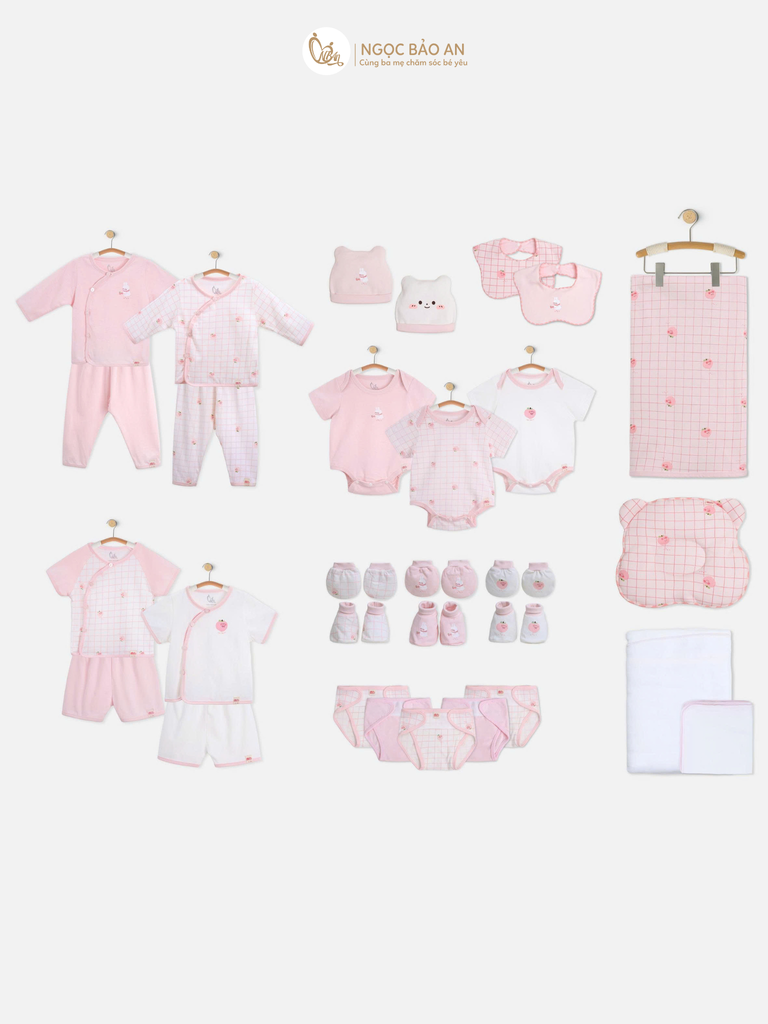 [M&B] Combo Sơ Sinh cotton M&B tone Hồng in hình họa tiết đầy đủ phụ kiện cho bé (Combo Sơ Sinh cotton 2025)