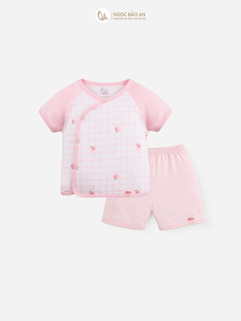 [M&B] Bộ ngắn cài bên cotton caro hồng đào
