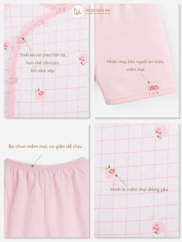 [M&B] Bộ ngắn cài bên cotton caro hồng đào