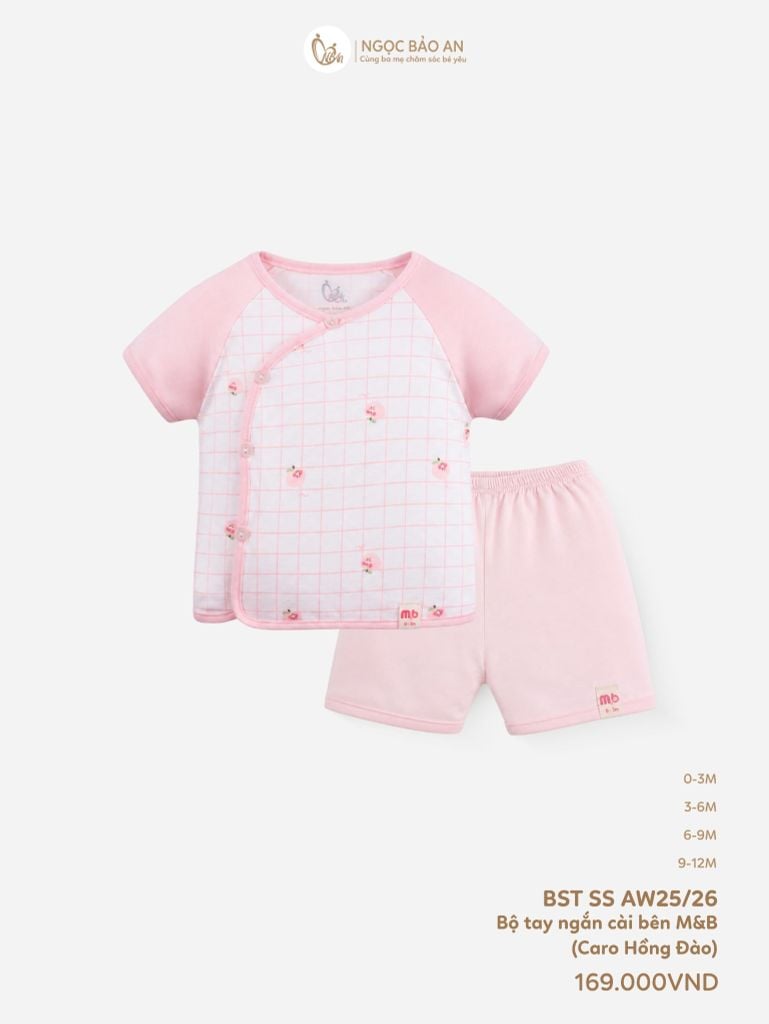 [M&B] Bộ ngắn cài bên cotton caro hồng đào