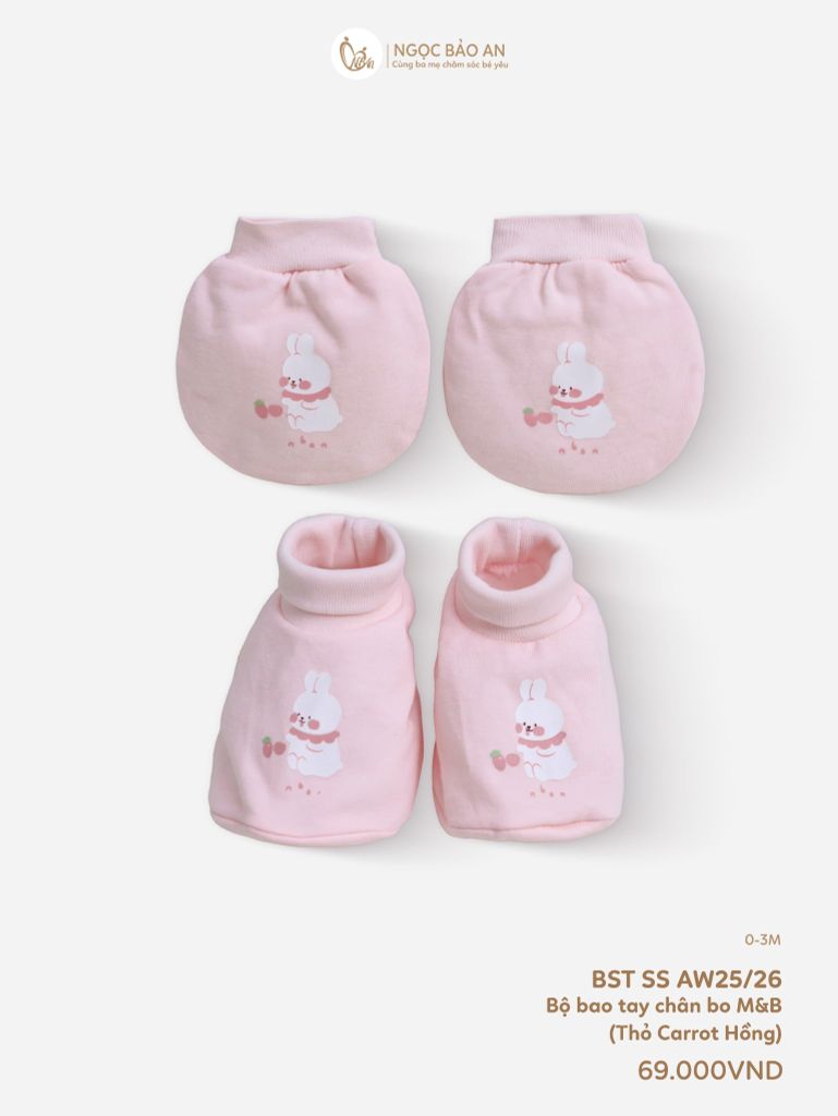 [M&B] Bộ bao tay chân bo cotton sơ sinh họa tiết Thỏ Carrot Hồng