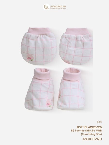 [M&B] Bộ bao tay chân bo cotton sơ sinh họa tiết caro hồng đào