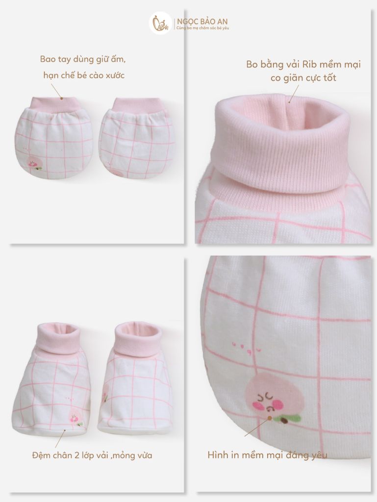 [M&B] Bộ bao tay chân bo cotton sơ sinh họa tiết caro hồng đào