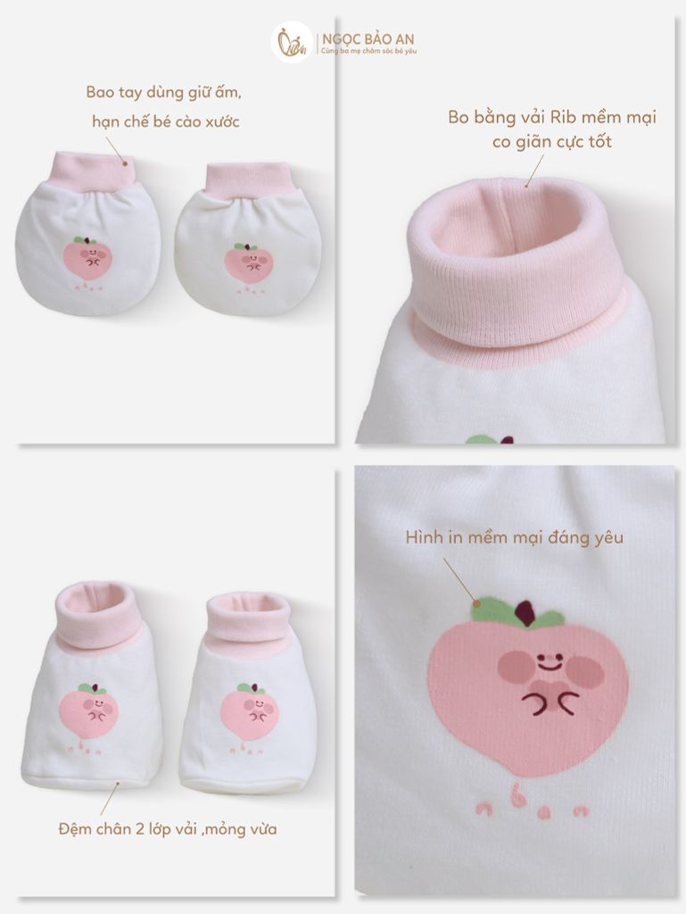 [M&B] Set nón bao tay chân bo cotton sơ sinh hồng đào