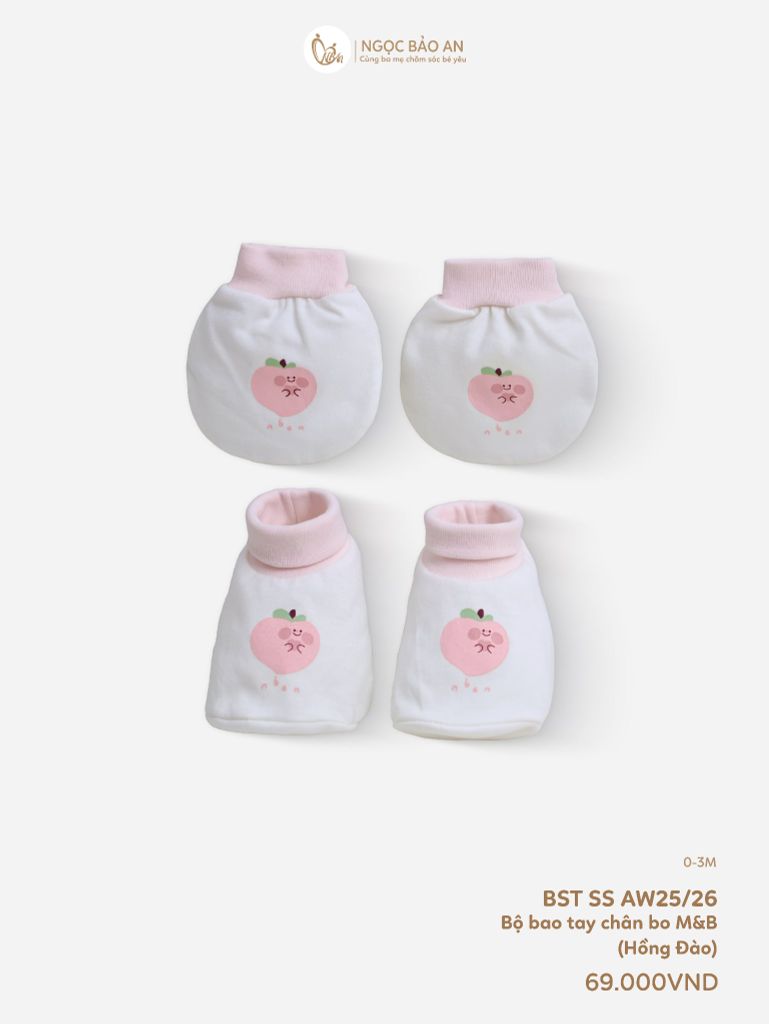 [M&B] Bộ bao tay chân bo cotton sơ sinh họa tiết hồng đào