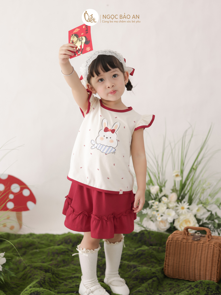 [M&B] BST THỎ MƠ: Set áo cánh tiên + chân váy đỏ xòe cotton M&b cho bé gái (Thỏ Mơ)