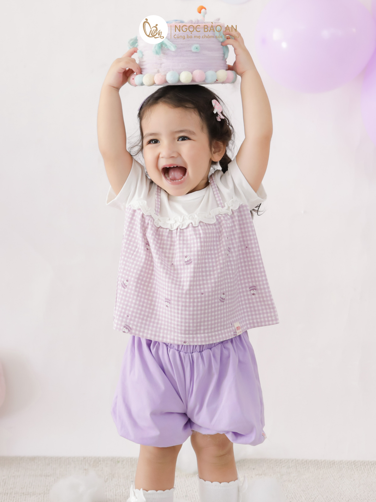 [M&B] BST CANDY: Bộ áo tay ngắn quần bí cotton M&b cho bé (Caro Nơ Tím)