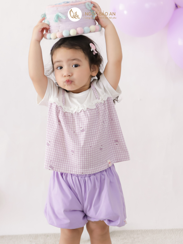 [M&B] BST CANDY: Bộ áo tay ngắn quần bí cotton M&b cho bé (Caro Nơ Tím)