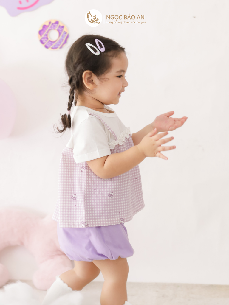 [M&B] BST CANDY: Bộ áo tay ngắn quần bí cotton M&b cho bé (Caro Nơ Tím)