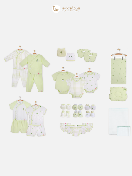 [M&B] Combo Sơ Sinh cotton M&B tone Xanh Bơ in hình họa tiết đầy đủ phụ kiện cho bé (Combo Sơ Sinh cotton 2025)
