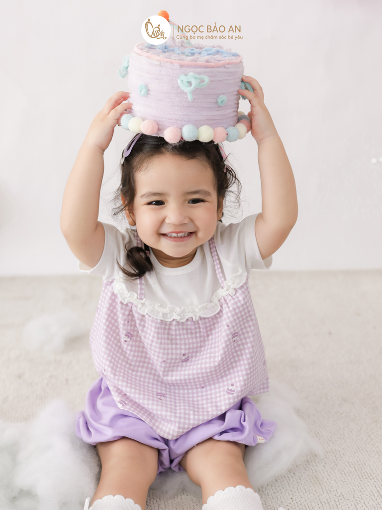 [M&B] BST CANDY: Bộ áo tay ngắn quần bí cotton M&b cho bé (Caro Nơ Tím)