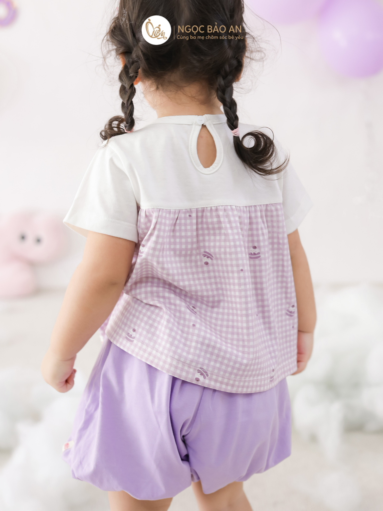 [M&B] BST CANDY: Bộ áo tay ngắn quần bí cotton M&b cho bé (Caro Nơ Tím)