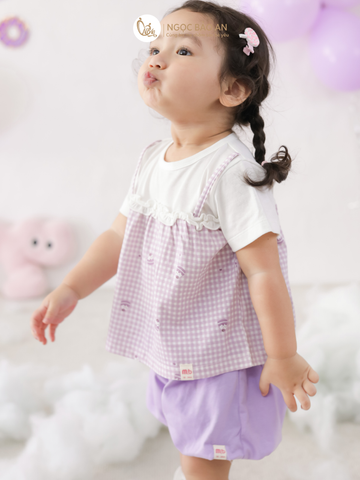 [M&B] BST CANDY: Bộ áo tay ngắn quần bí cotton M&b cho bé (Caro Nơ Tím)
