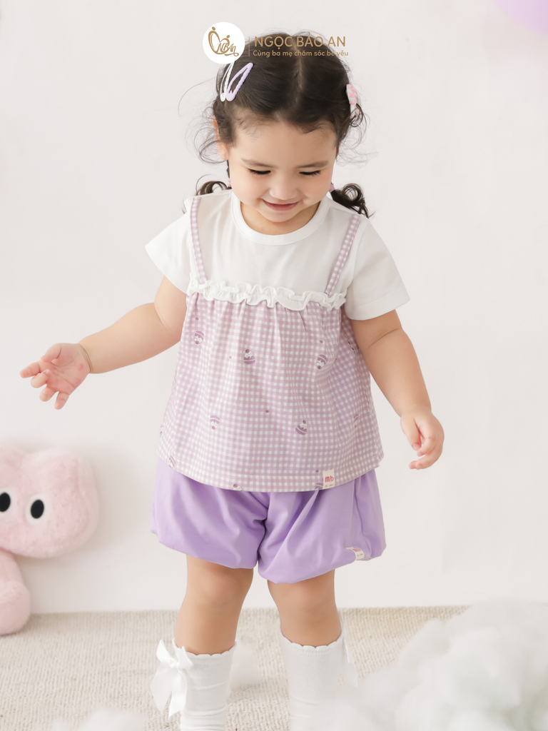 [M&B] BST CANDY: Bộ áo tay ngắn quần bí cotton M&b cho bé (Caro Nơ Tím)